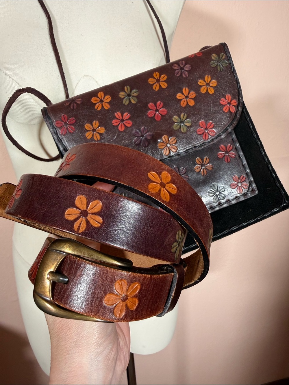 Vintage tooled leather dark brown painted floral mini cross body bag and belt